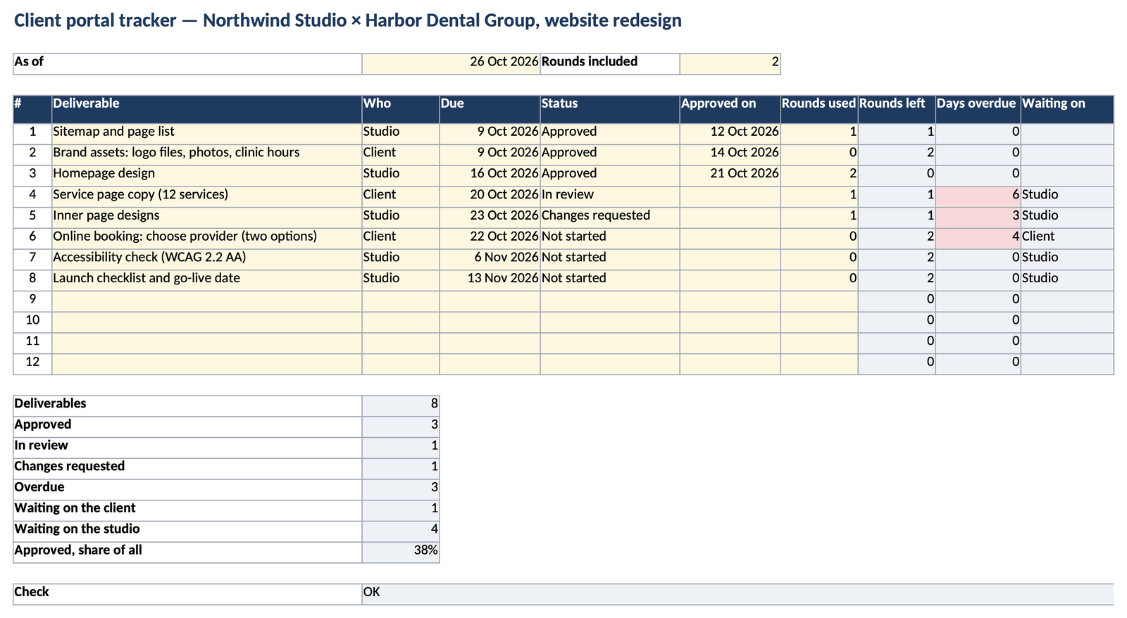 Client portal tracker: first page