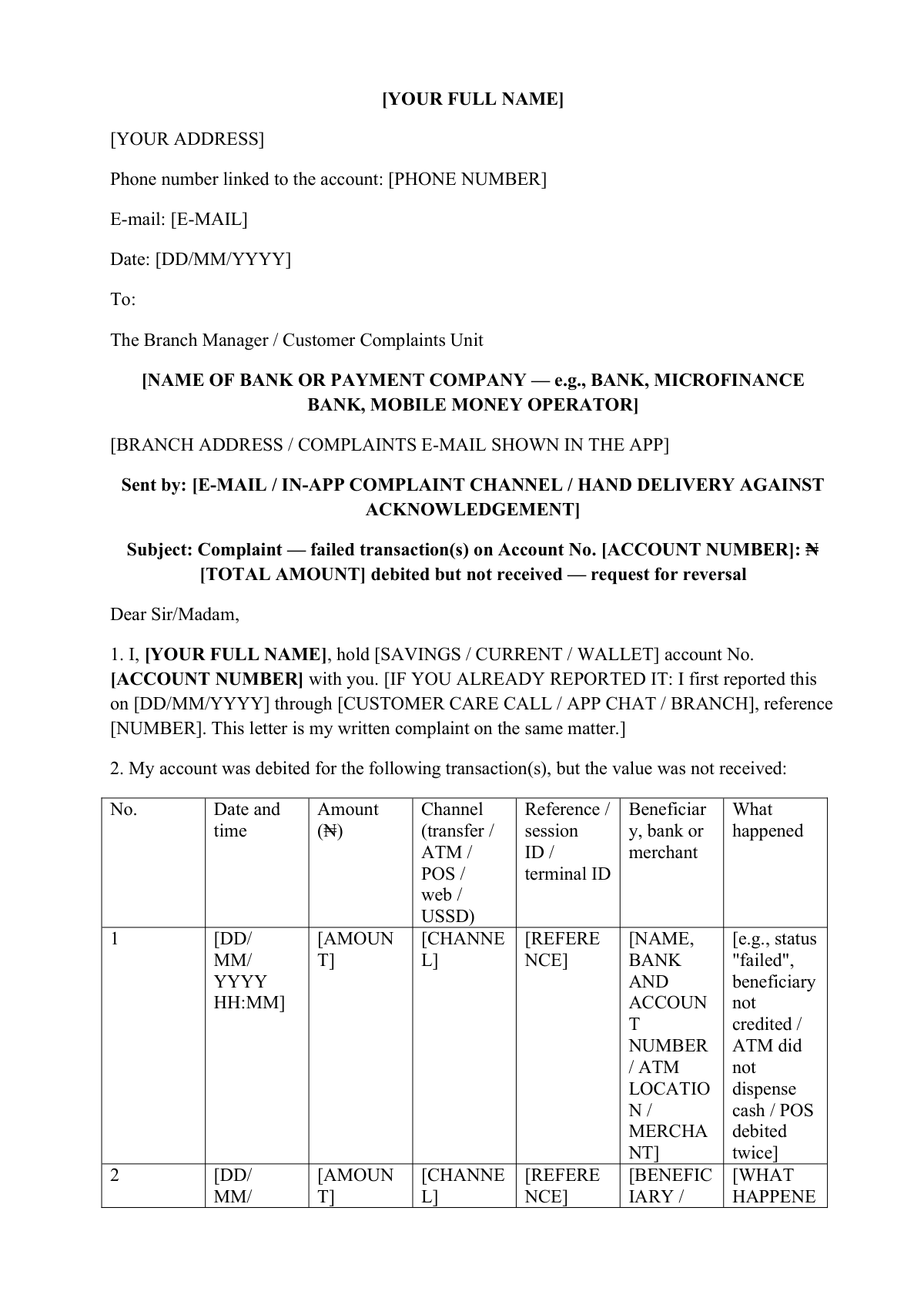 Complaint letter to bank for a failed transaction: first page
