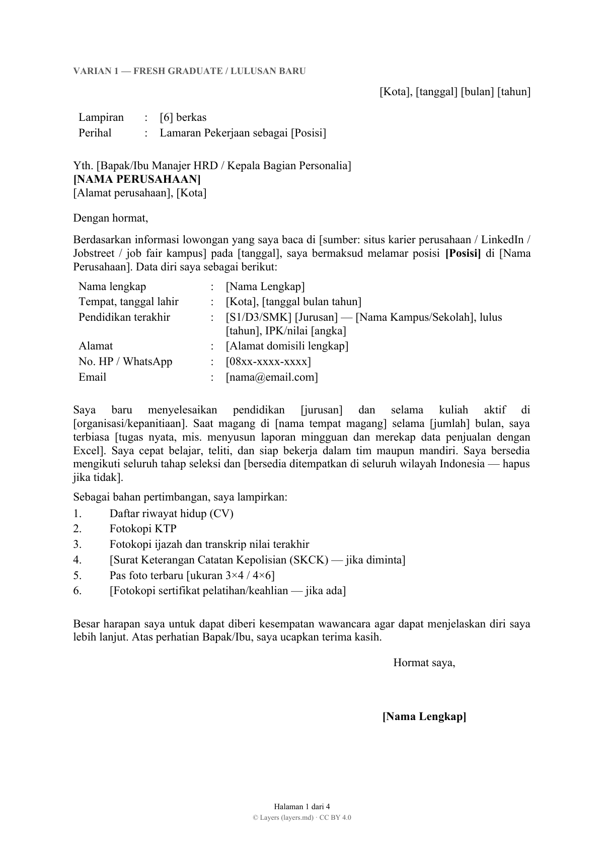 Contoh surat lamaran kerja: first page