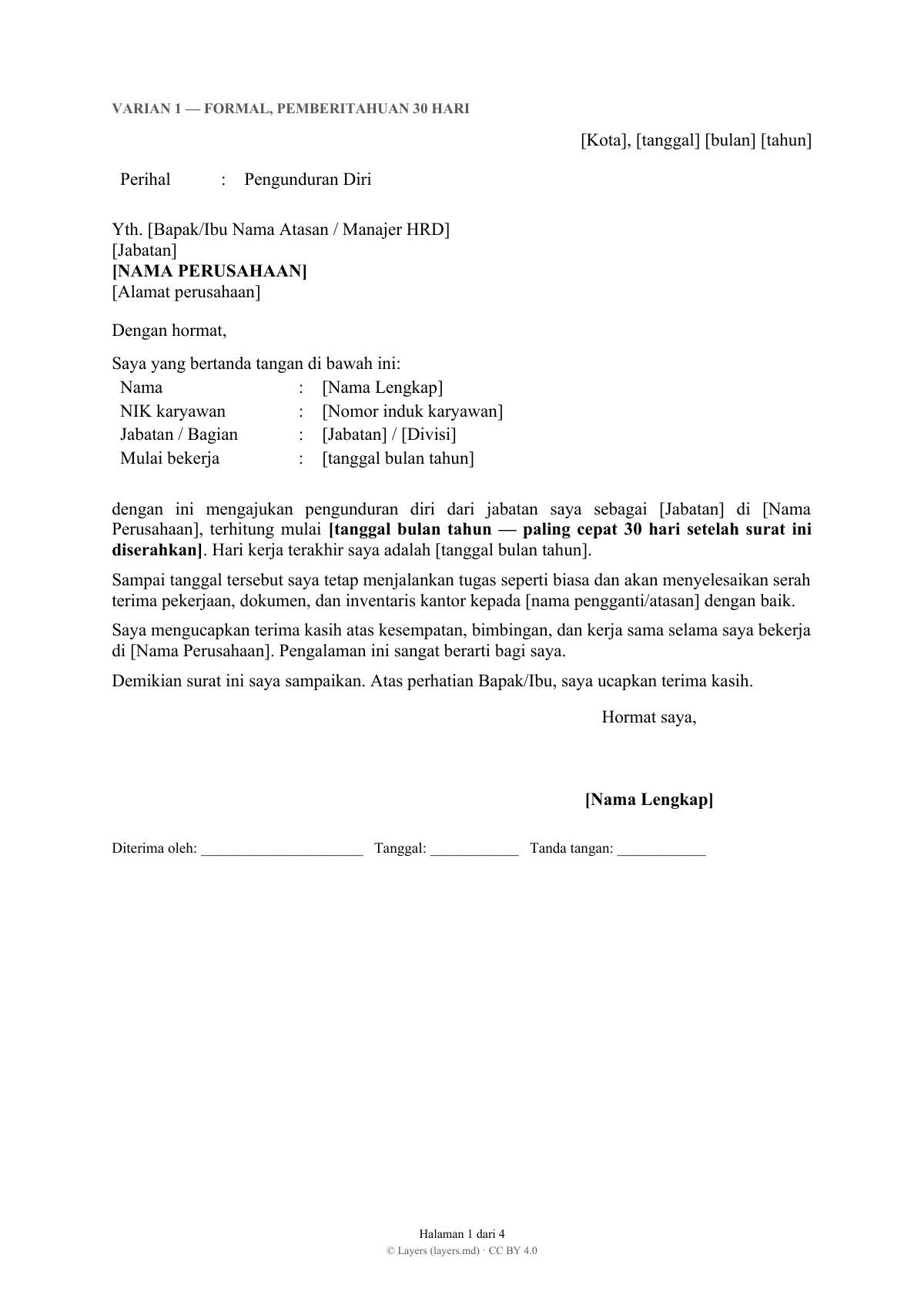 Contoh surat pengunduran diri: first page