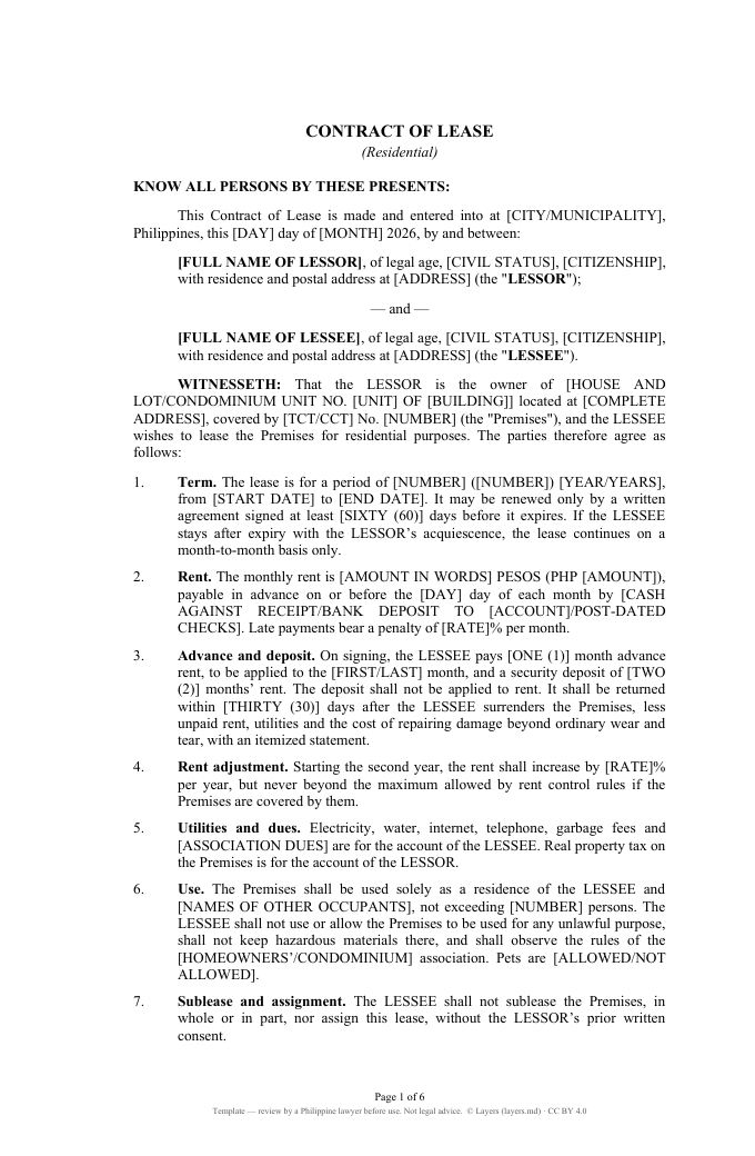 Contract of Lease — residential: first page