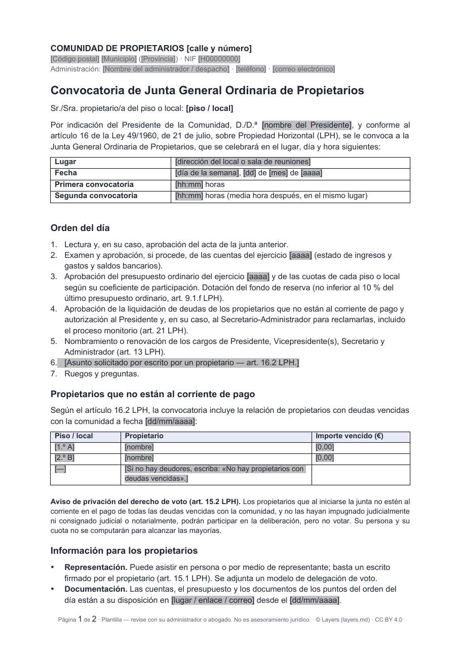 Convocatoria de junta ordinaria: primera página