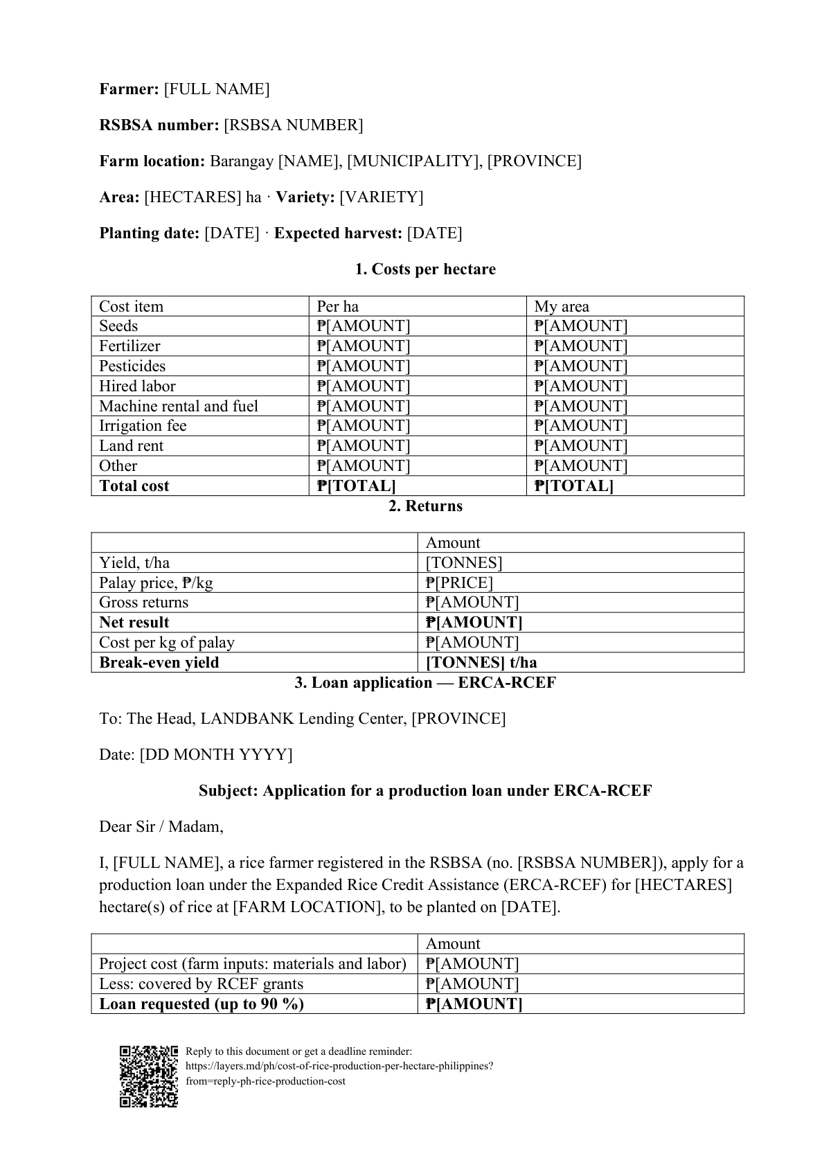Cost of rice production per hectare: first page