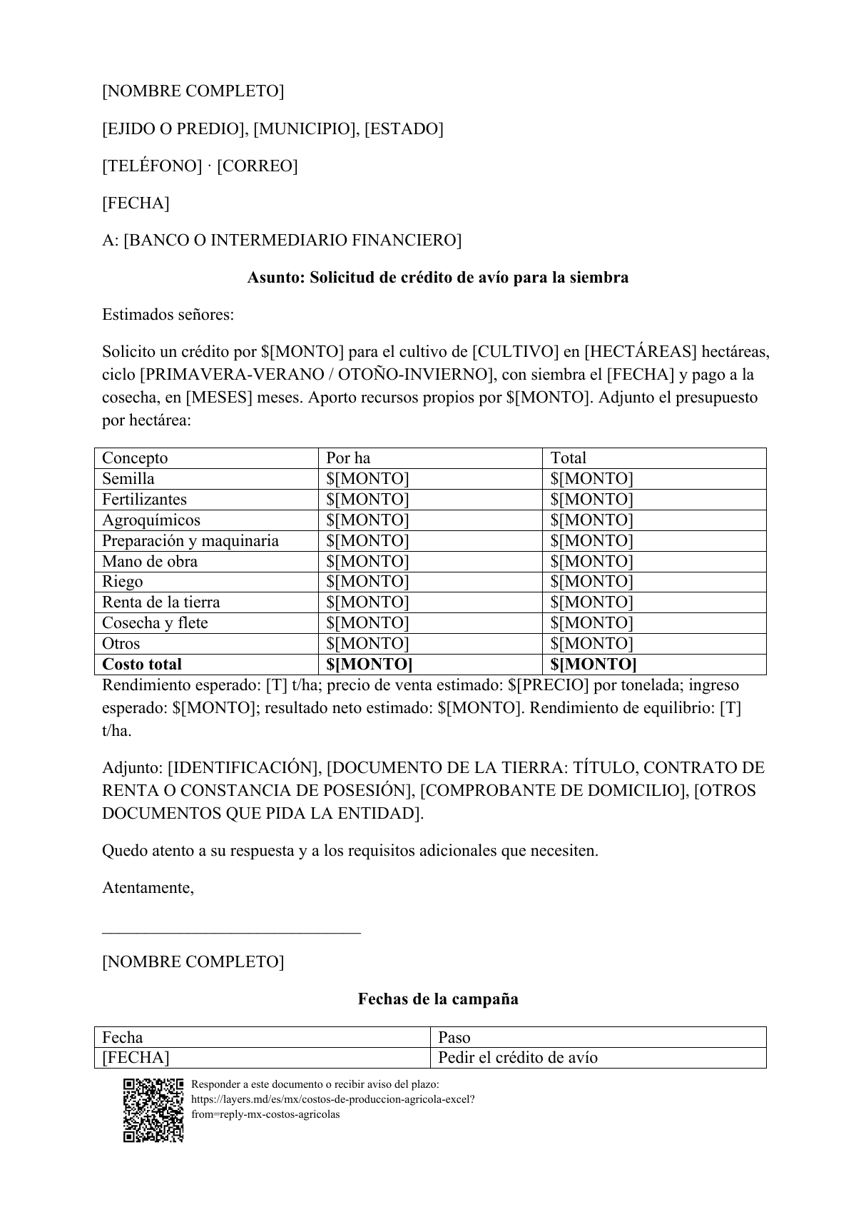 Costos de producción agrícola en Excel: first page