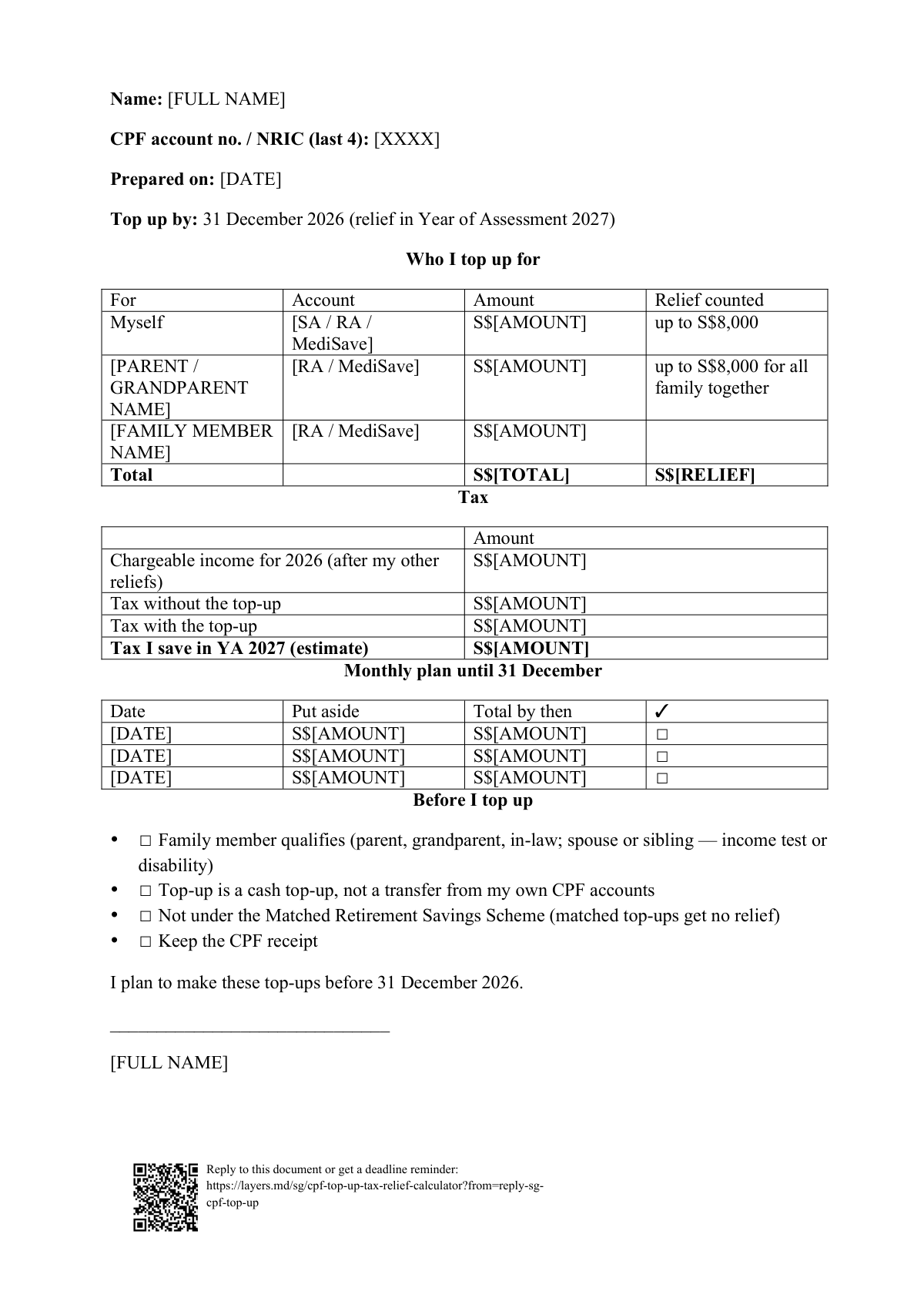 CPF top-up tax relief calculator: first page