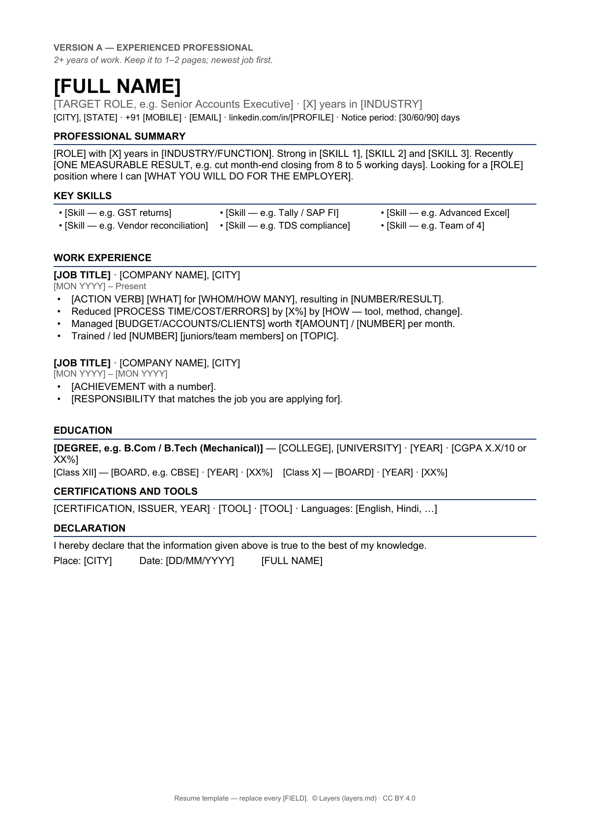 Format for resume: first page