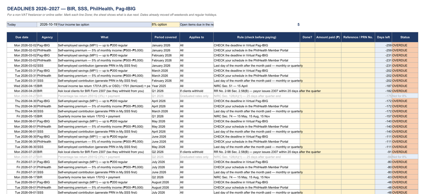 Deadlines 2026–2027: BIR, SSS, PhilHealth, Pag-IBIG (Excel): page preview