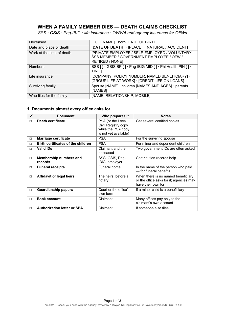 Death benefits checklist — Philippines: first page