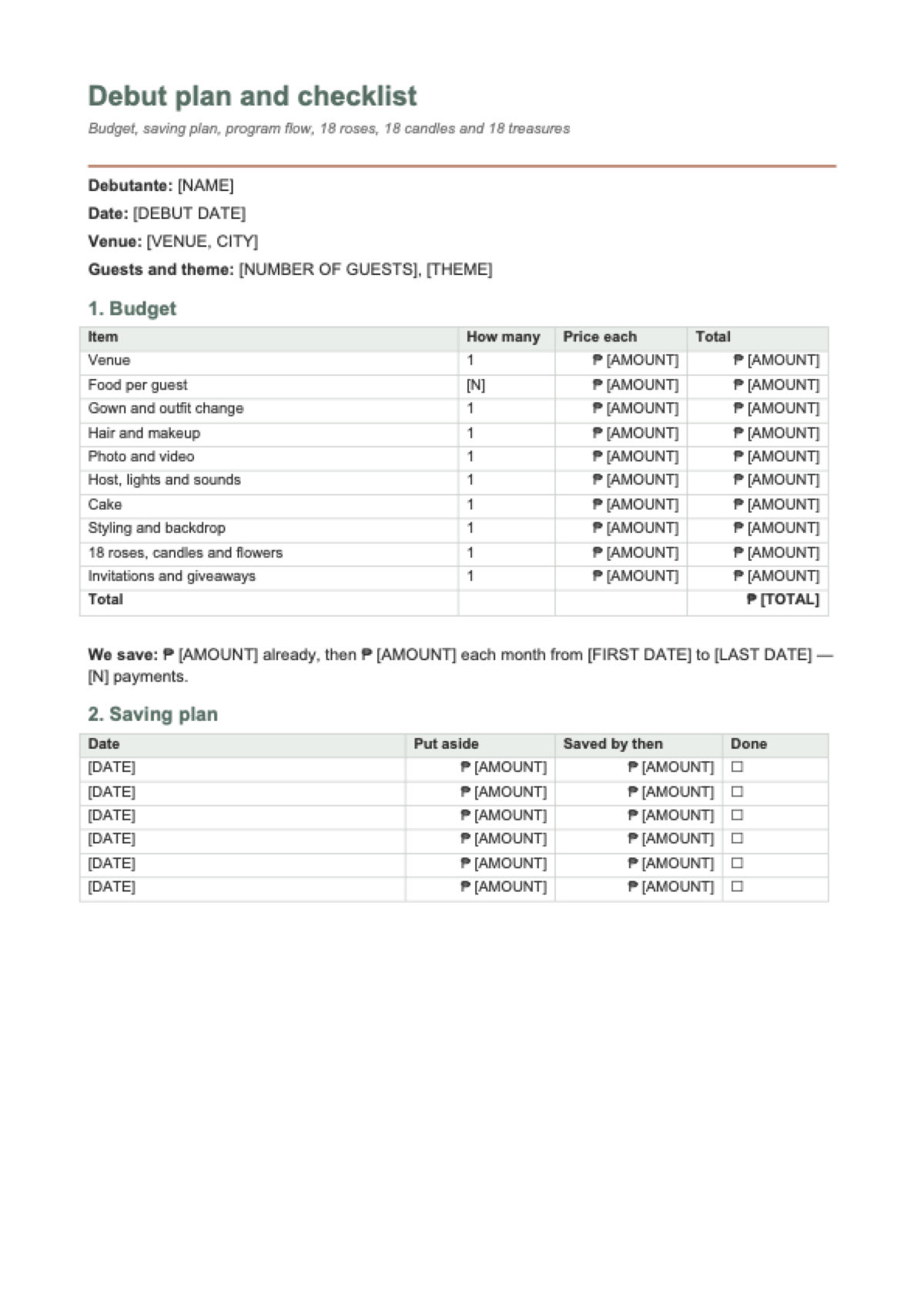 Debut checklist and budget: first page