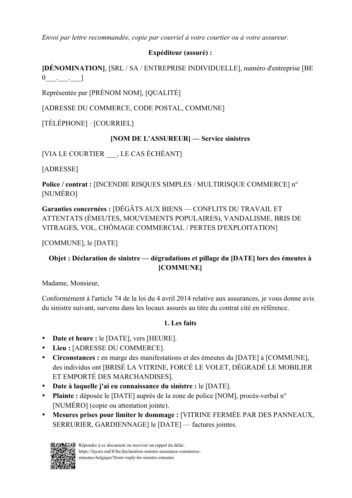 Déclaration de sinistre après les émeutes: first page