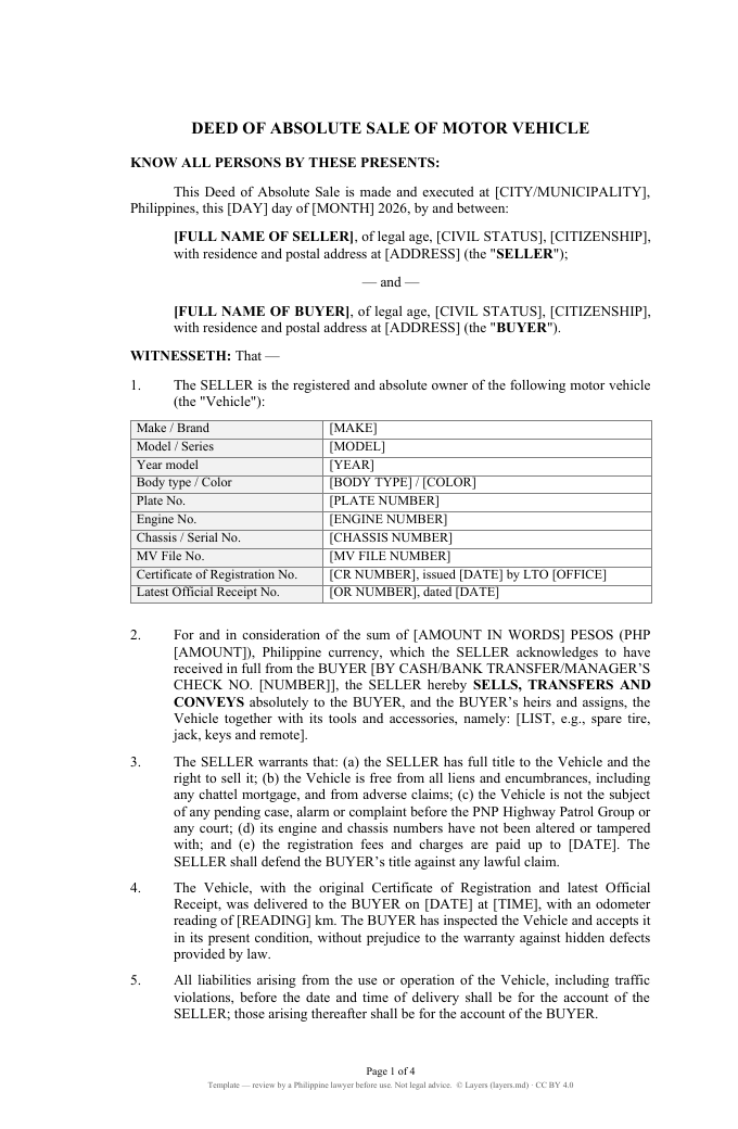 Deed of Absolute Sale — motor vehicle: first page