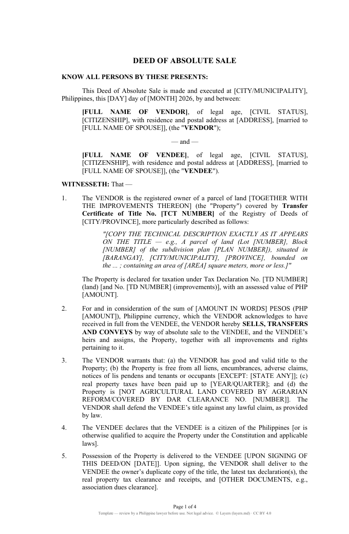 Deed of Absolute Sale — real property: first page