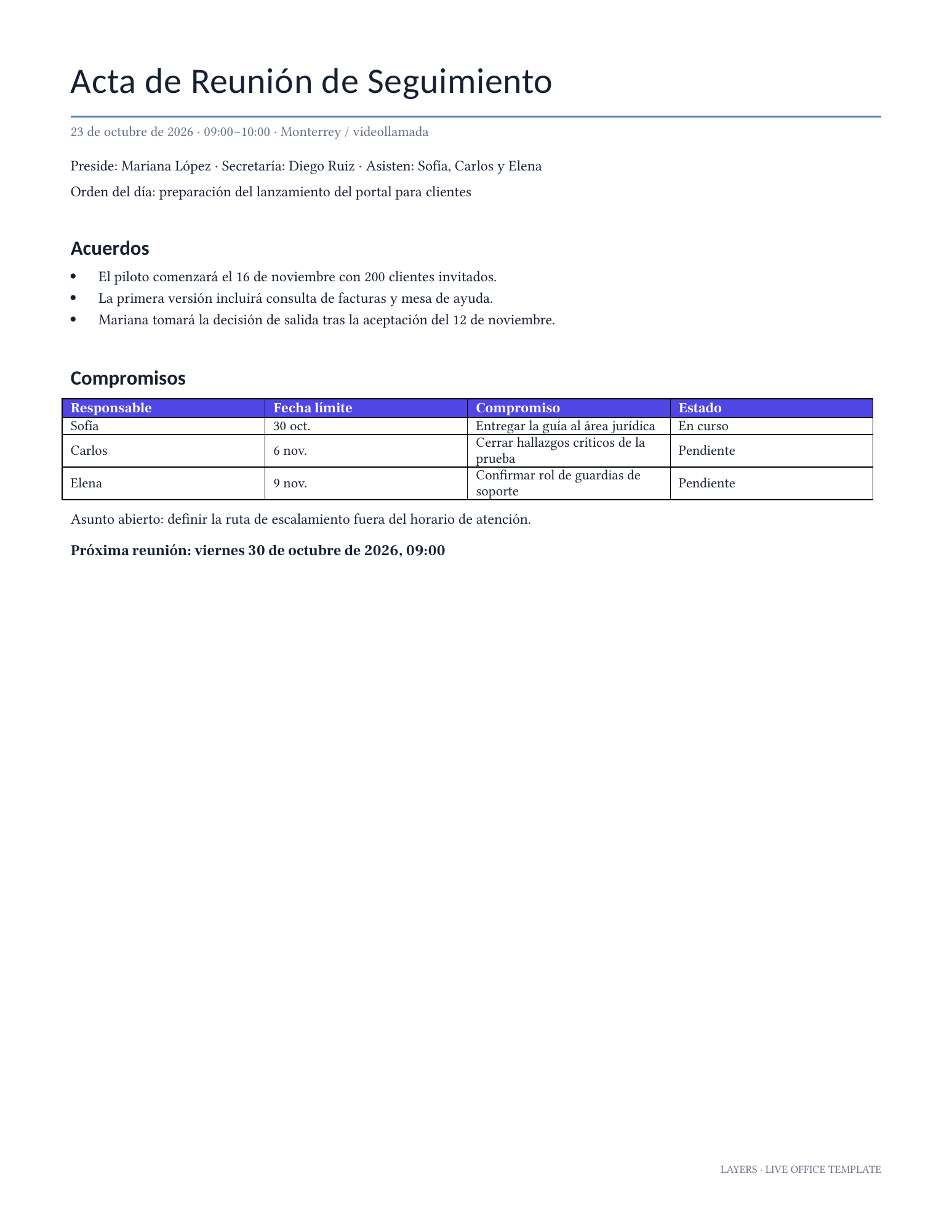 Acta de reunión lista para usar: first page