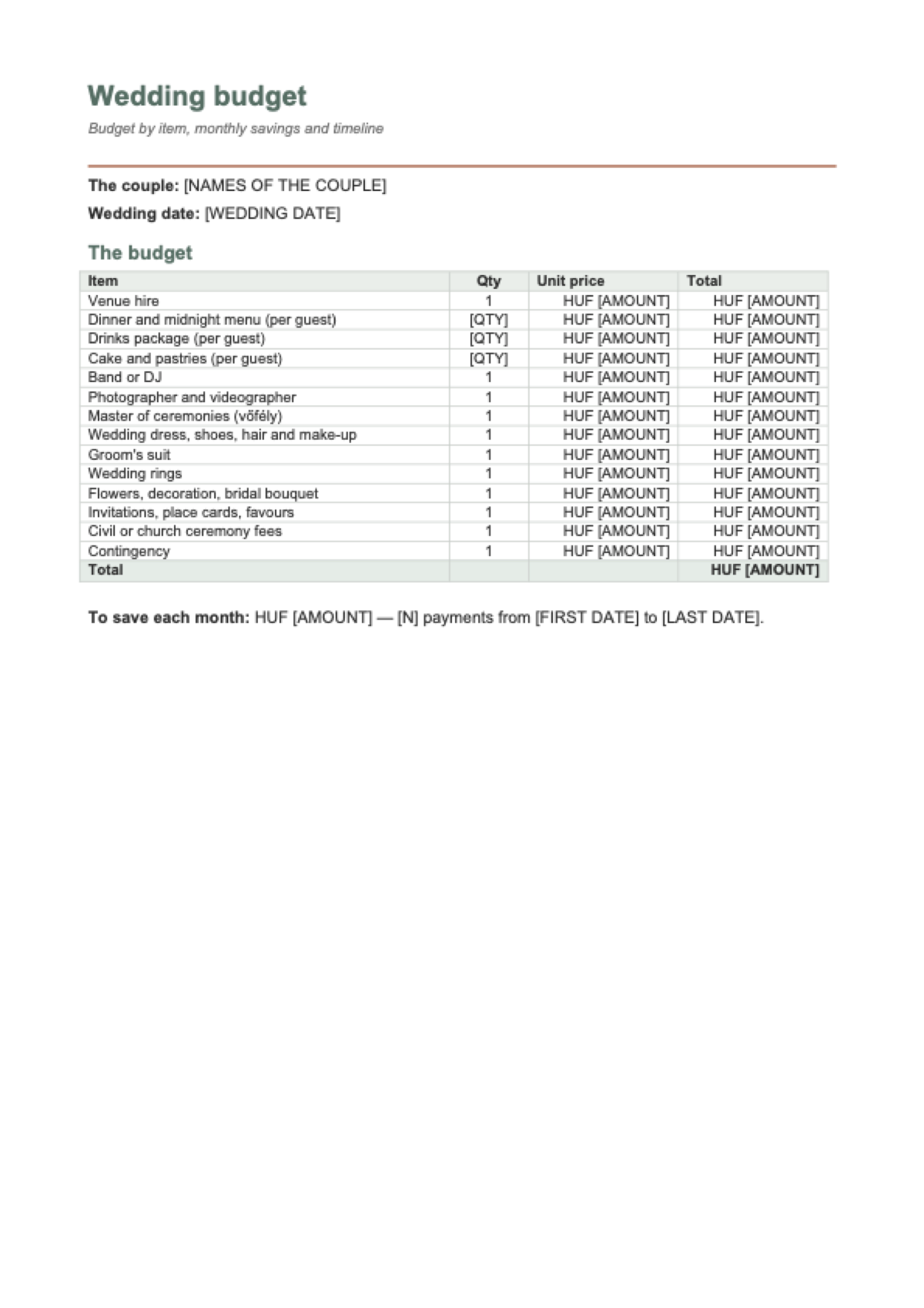 Wedding budget for Hungary: first page