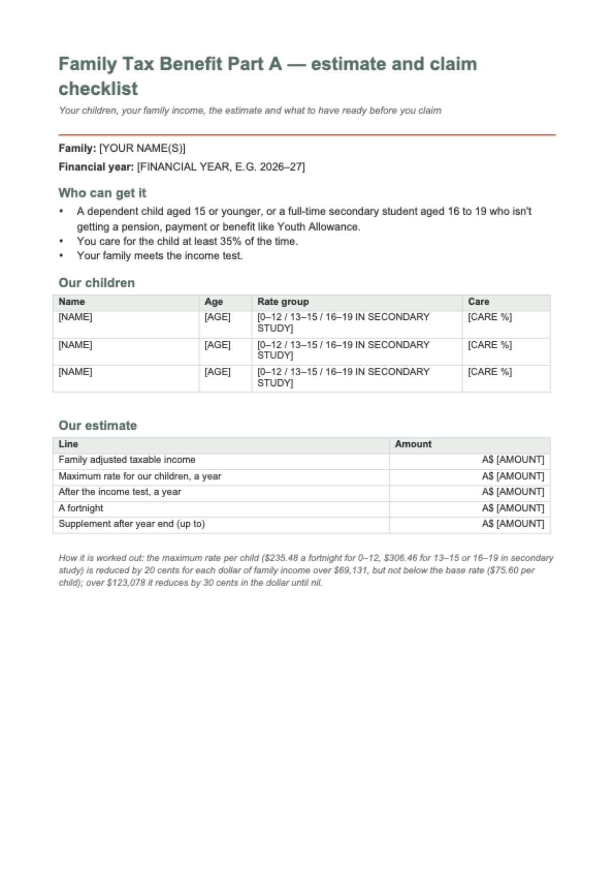 Family Tax Benefit calculator: first page