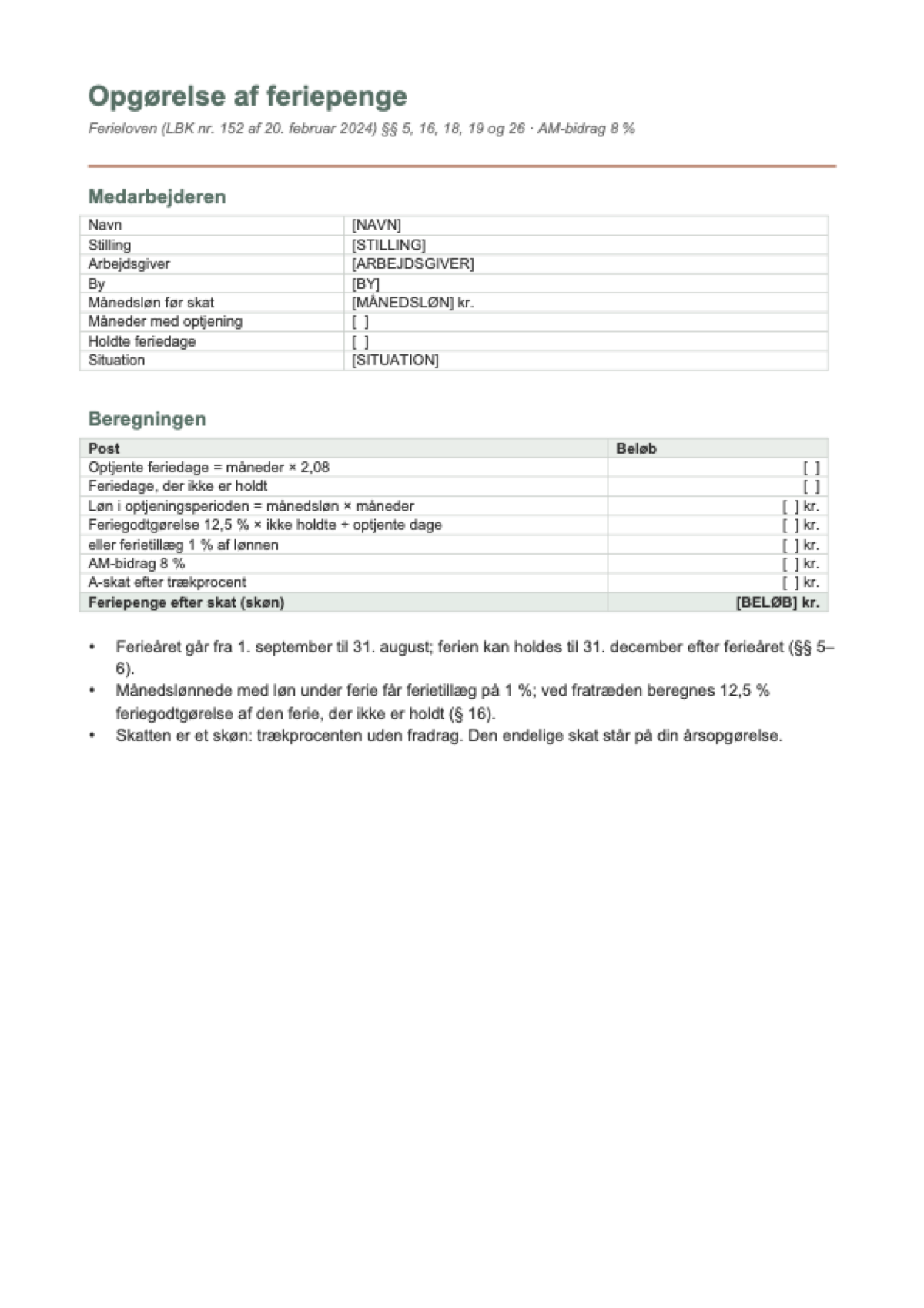 Feriepenge beregner: first page