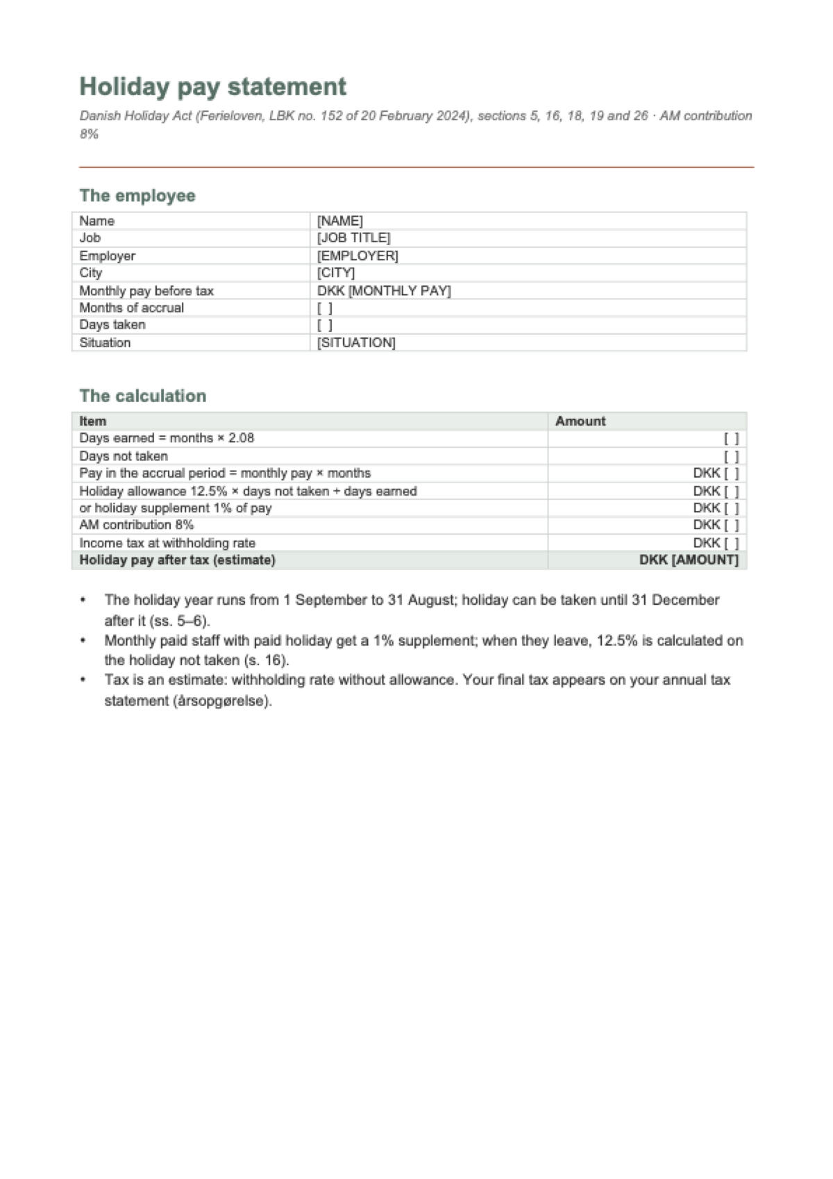 Holiday pay calculator Denmark: first page