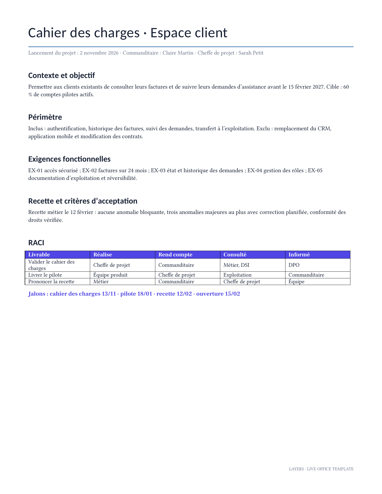 Note de cadrage, cahier des charges et planning Gantt : un seul document vivant: first page