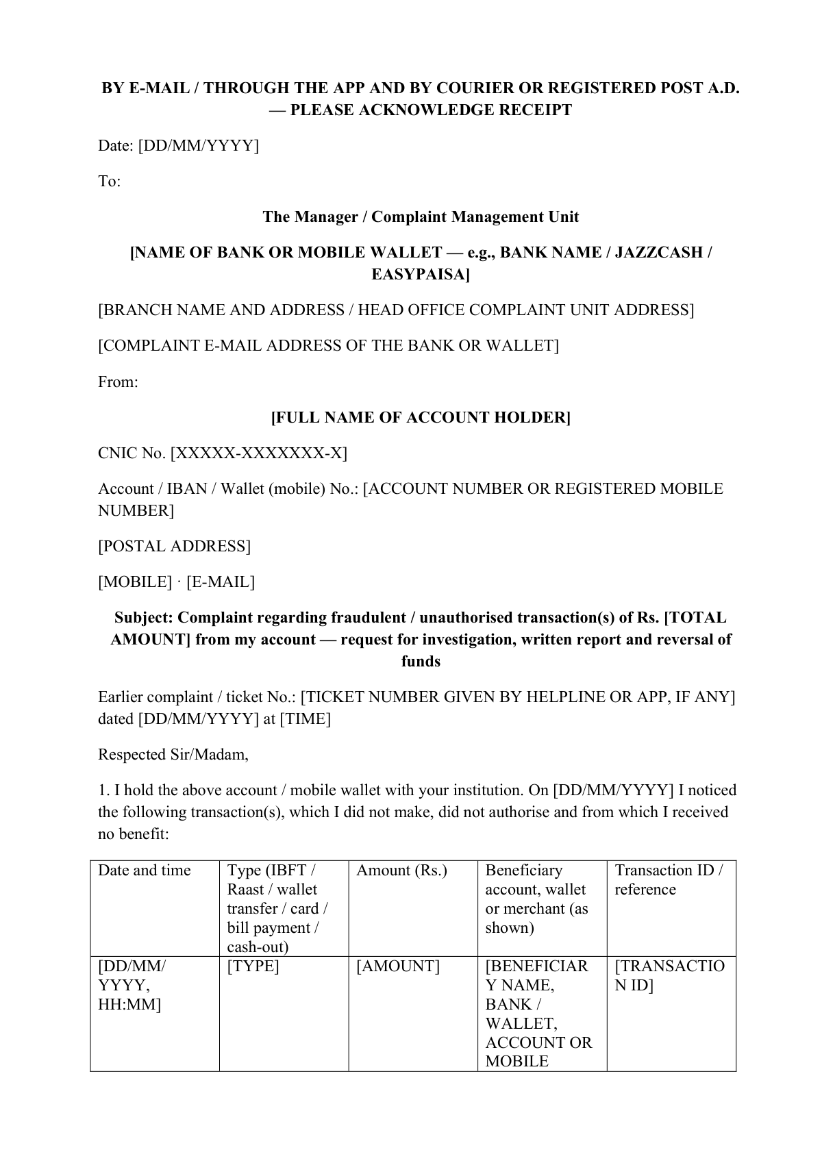 Complaint letter to bank for fraud transaction: first page