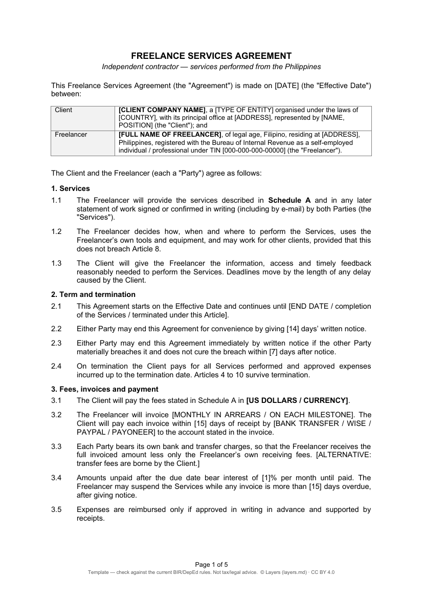 Freelance services agreement — foreign client (Word): page preview