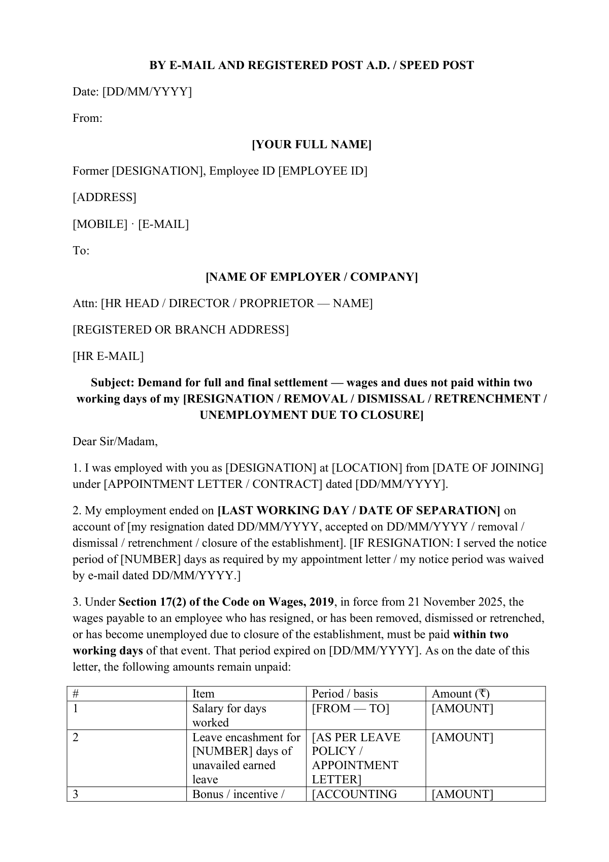 Full and final settlement demand letter: first page