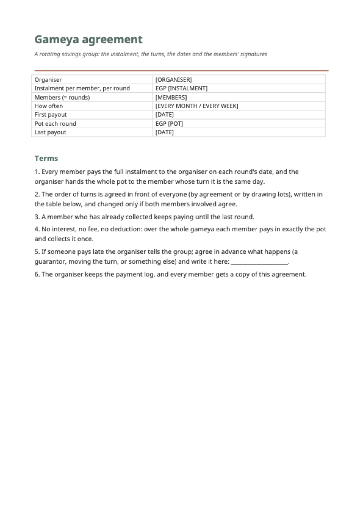 Gameya rotation table: first page