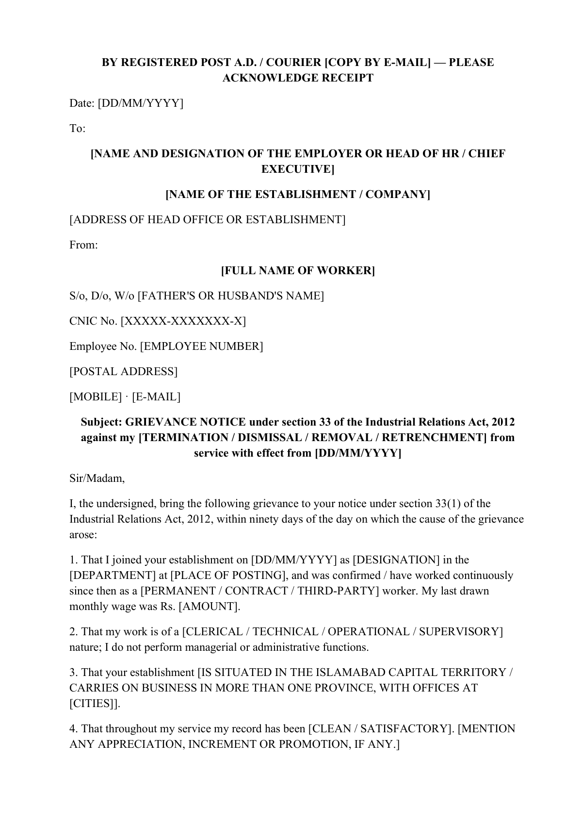 Grievance notice format: first page