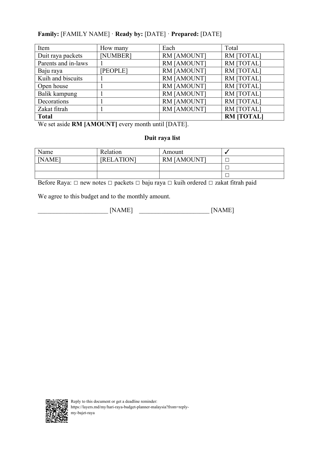 Duit raya and Hari Raya budget planner: first page