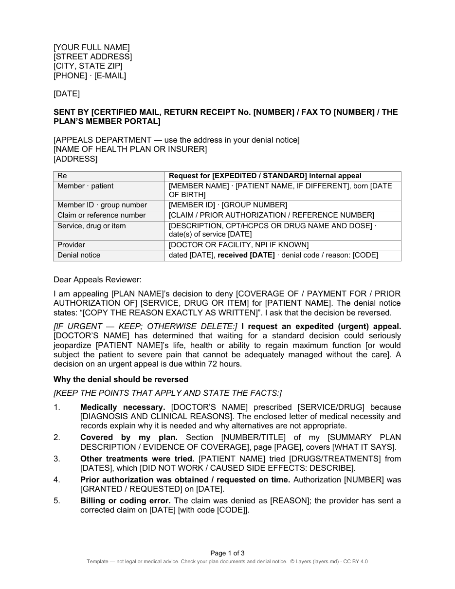 Health insurance appeal letter: first page