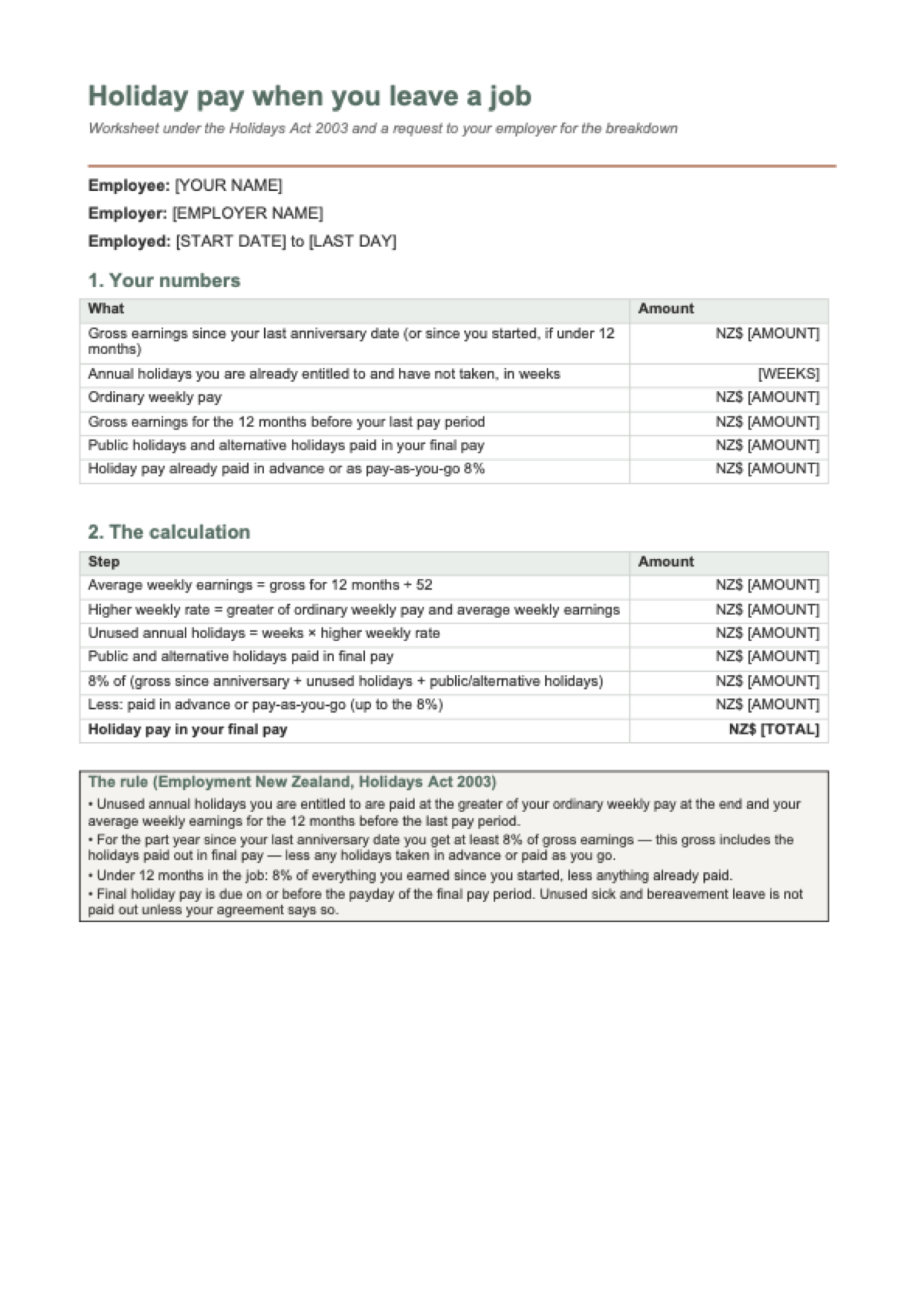Holiday pay calculator NZ: first page