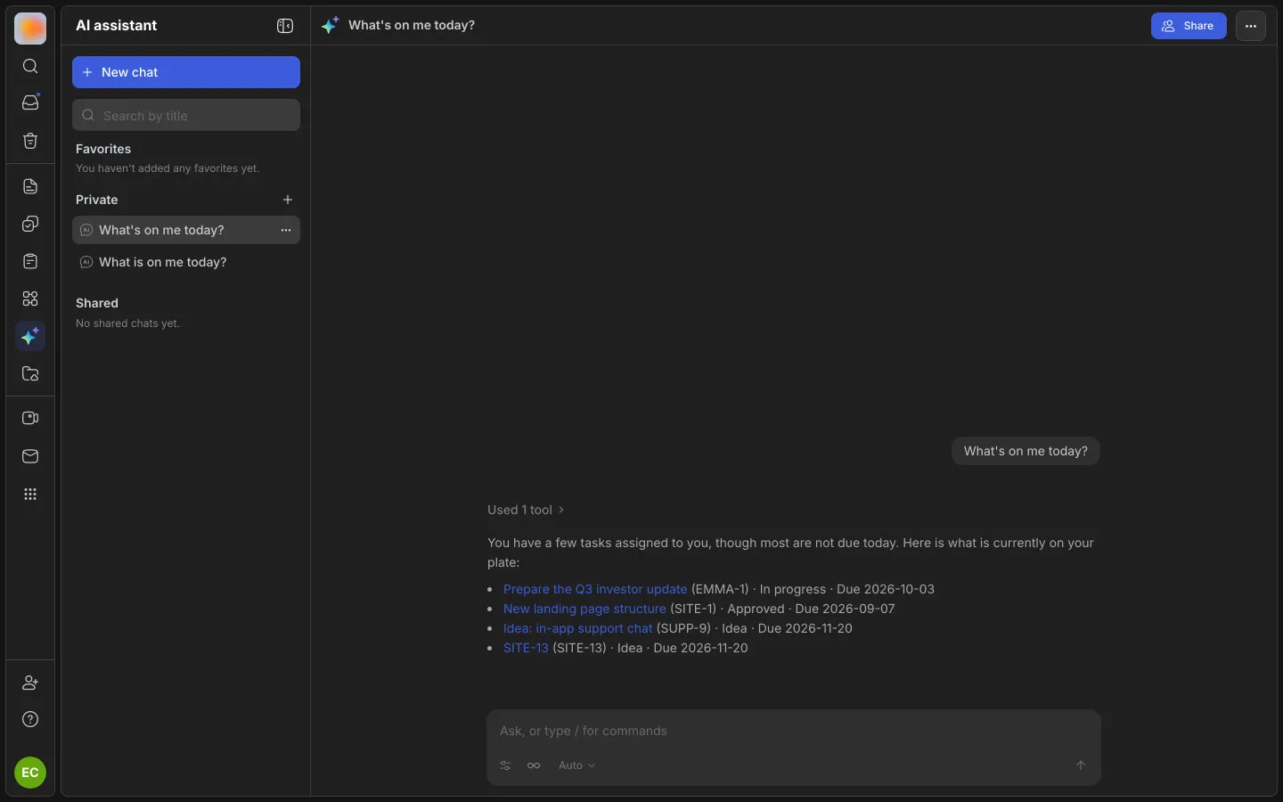 AI assistant: a greeting and the prompts What is on me today, Overdue tasks, Sprint summary, Who is doing what