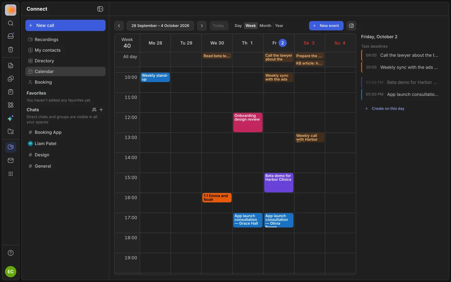 Calendar: a week of meetings and task due dates, the selected day on the right