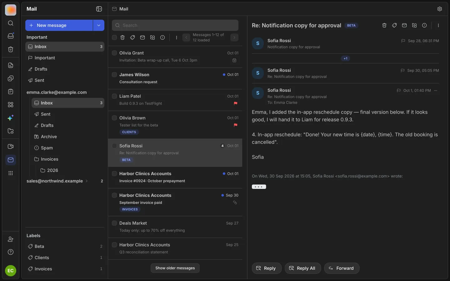 Mail: two mailboxes, folders and labels, the inbox and an open thread