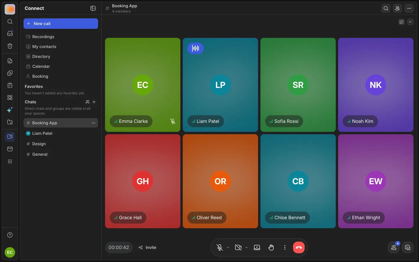 A Booking App group call in progress: eight tiles with names, a voice badge on the speakers, the call bar below