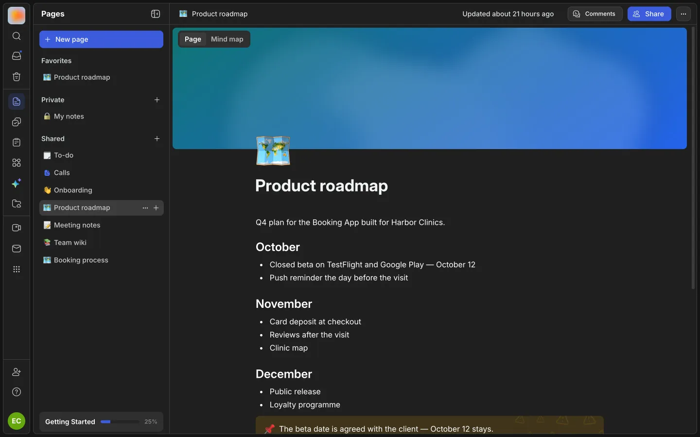 The Product roadmap page: the plan by month, the page tree on the left