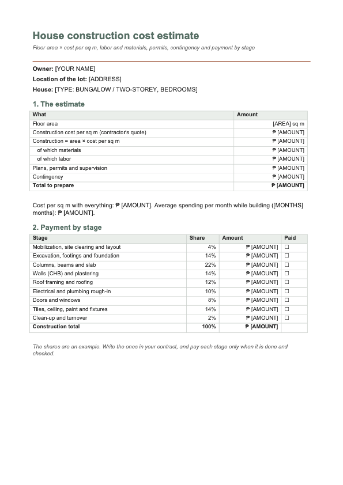 House construction cost calculator Philippines: first page