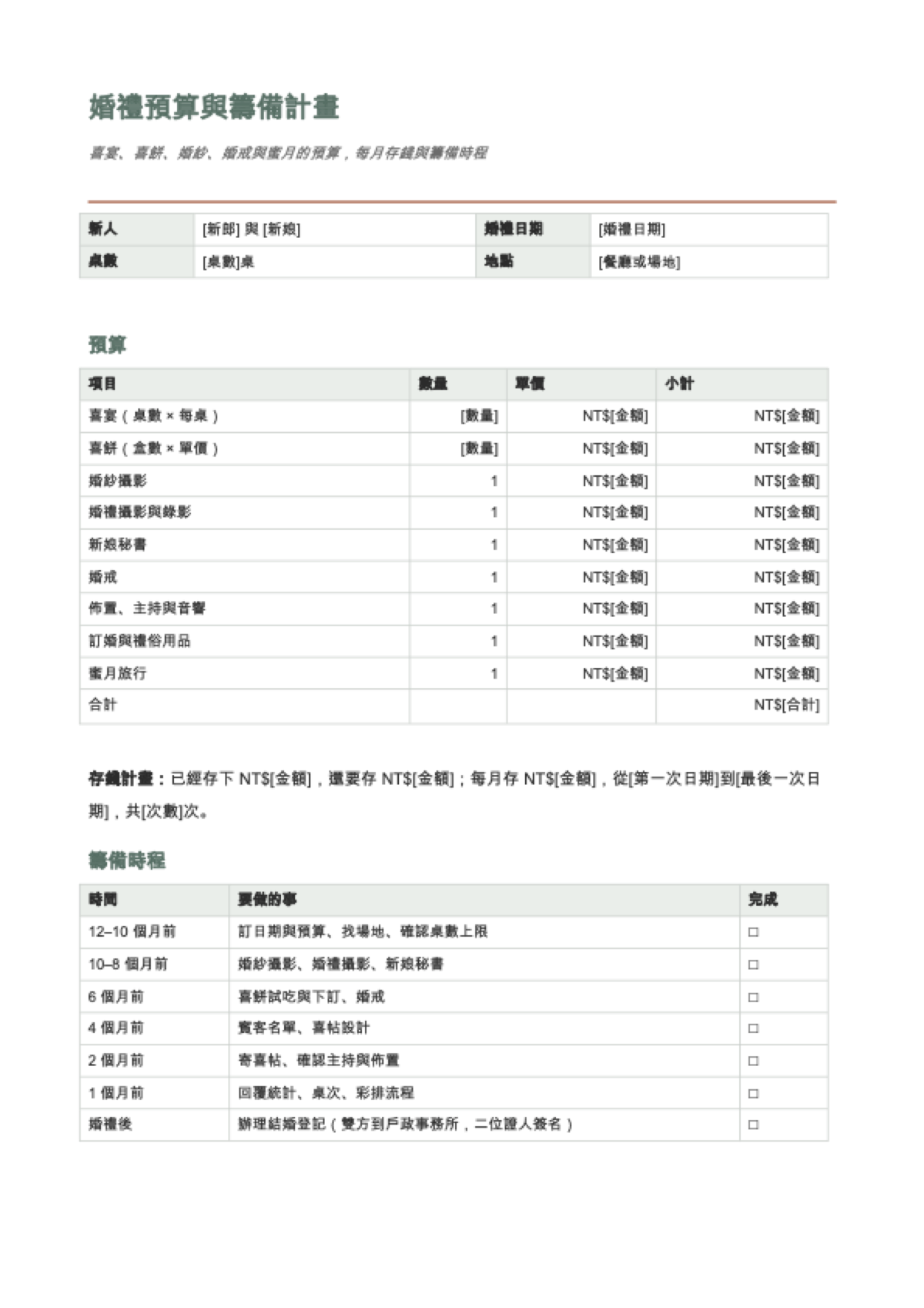 婚禮預算表: first page