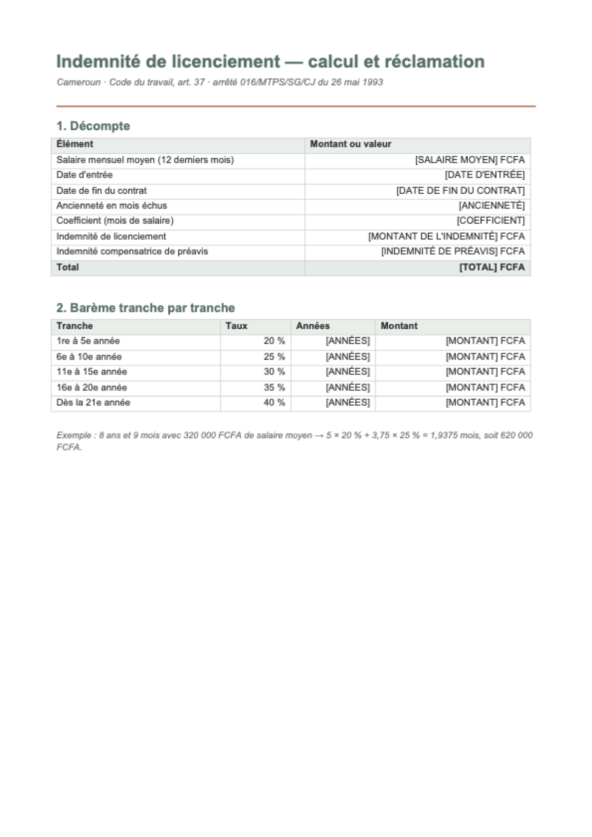 Calcul de l’indemnité de licenciement au Cameroun: first page
