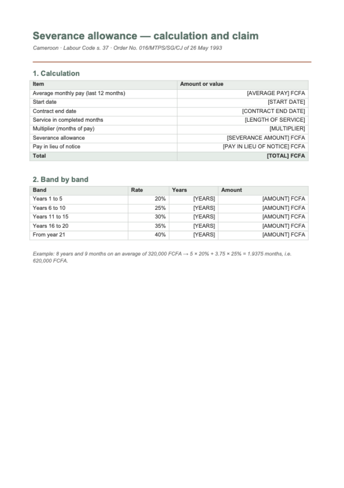 Severance pay in Cameroon: first page