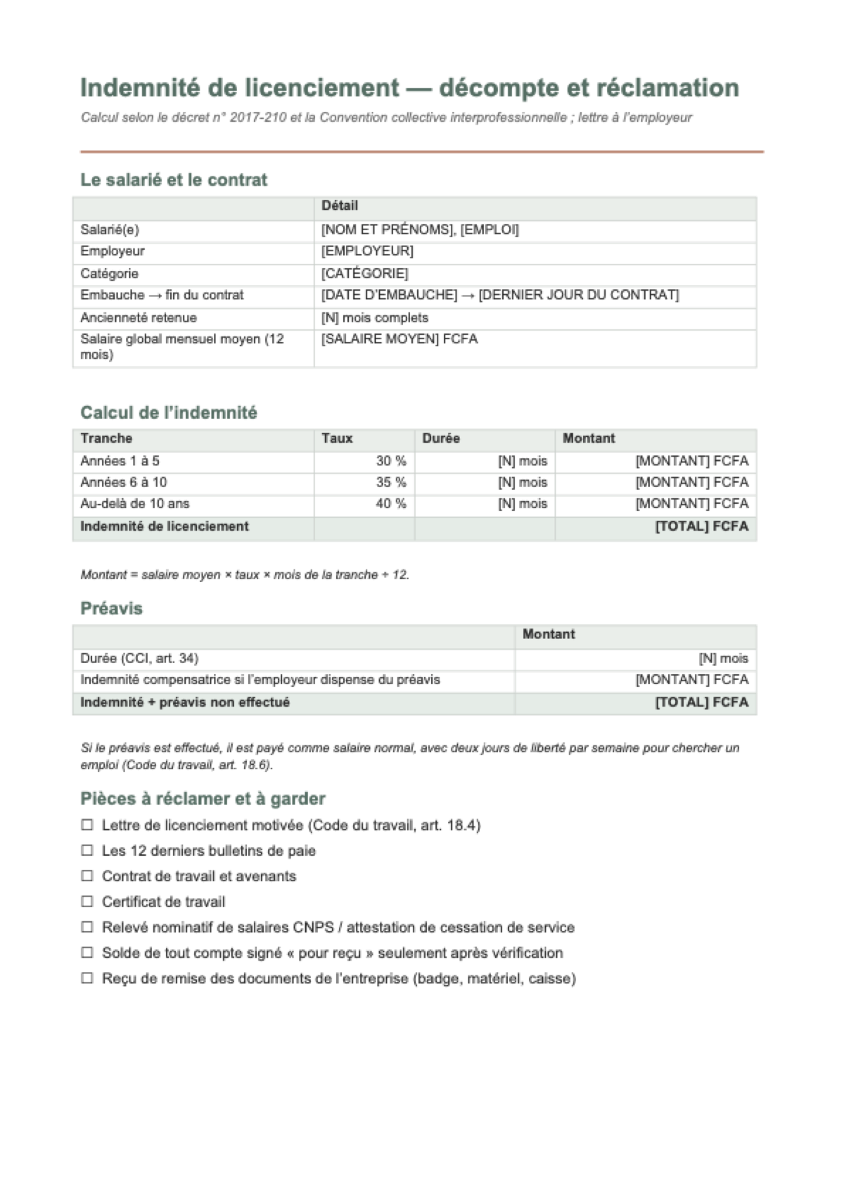 Calcul de l’indemnité de licenciement en Côte d’Ivoire: first page