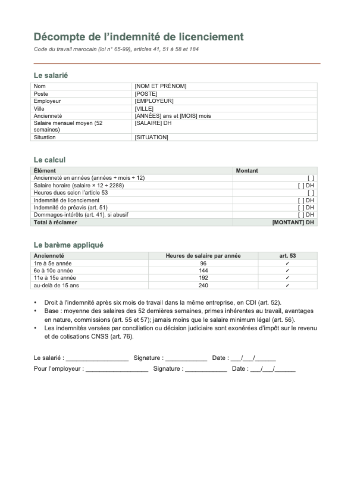 Calcul de l’indemnité de licenciement au Maroc: first page