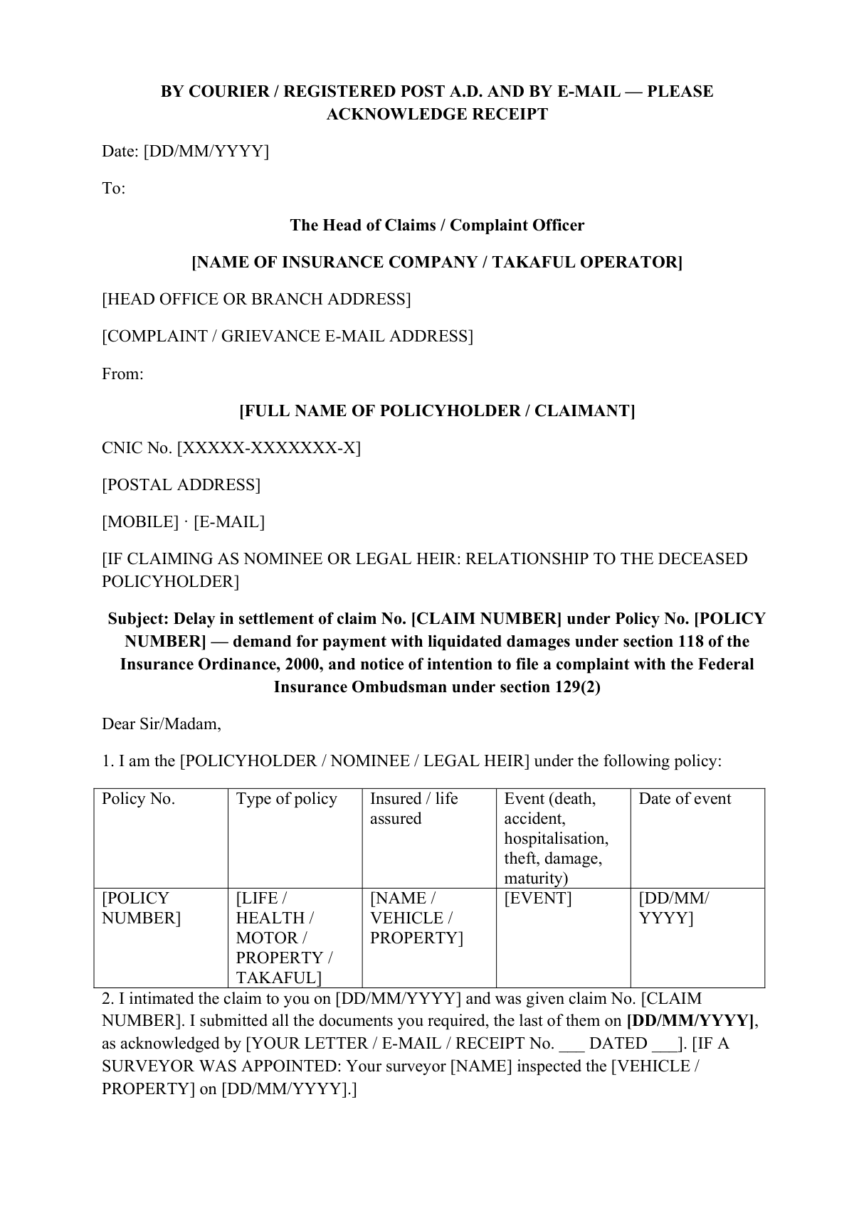 Insurance claim delay complaint letter: first page