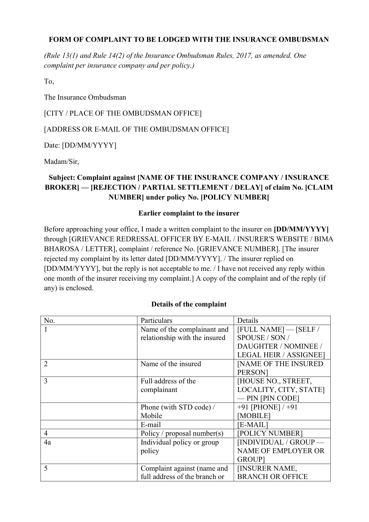 Insurance Ombudsman complaint format: first page
