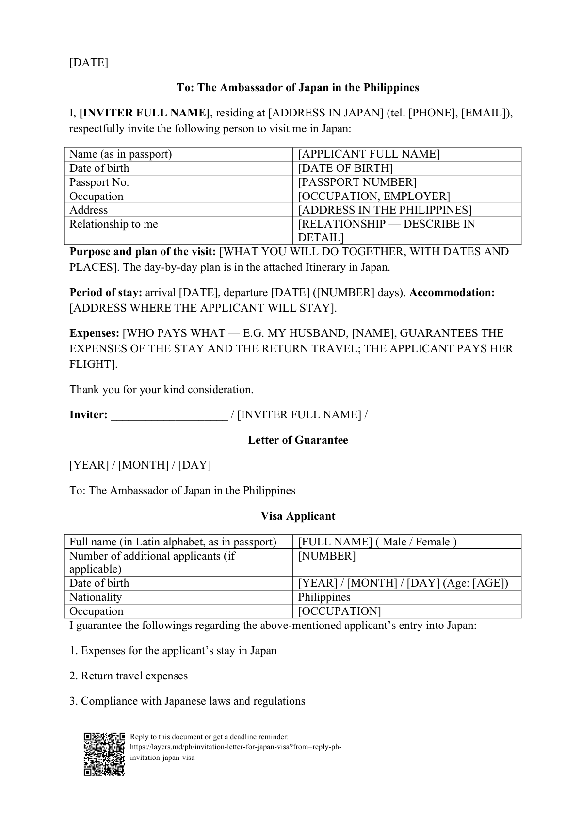 Invitation letter for a Japan visa: first page