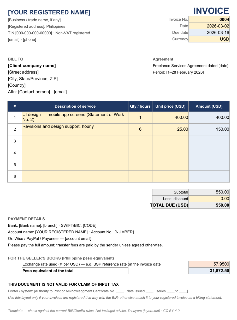 Invoice to a foreign client in USD (Excel): page preview