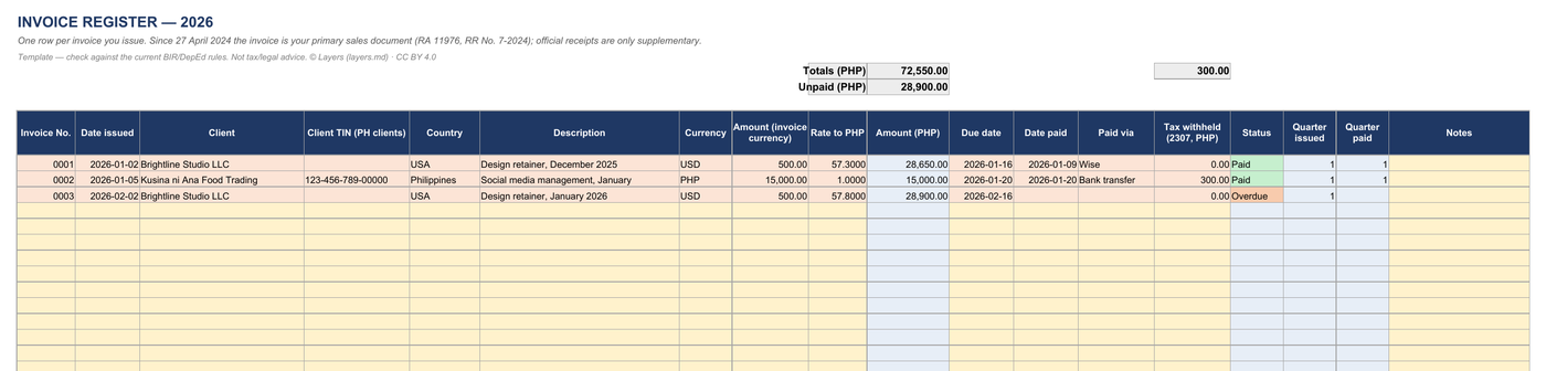 Invoice register (Excel): page preview