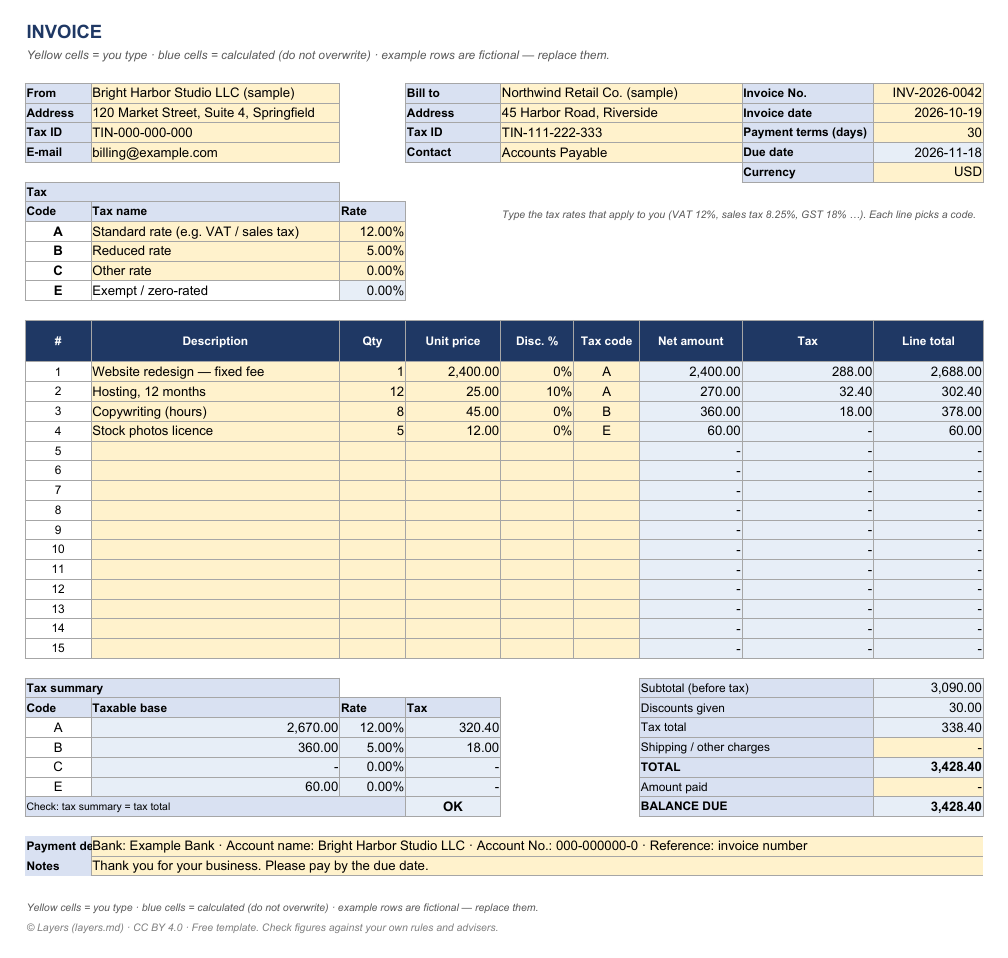 Invoice template: first page