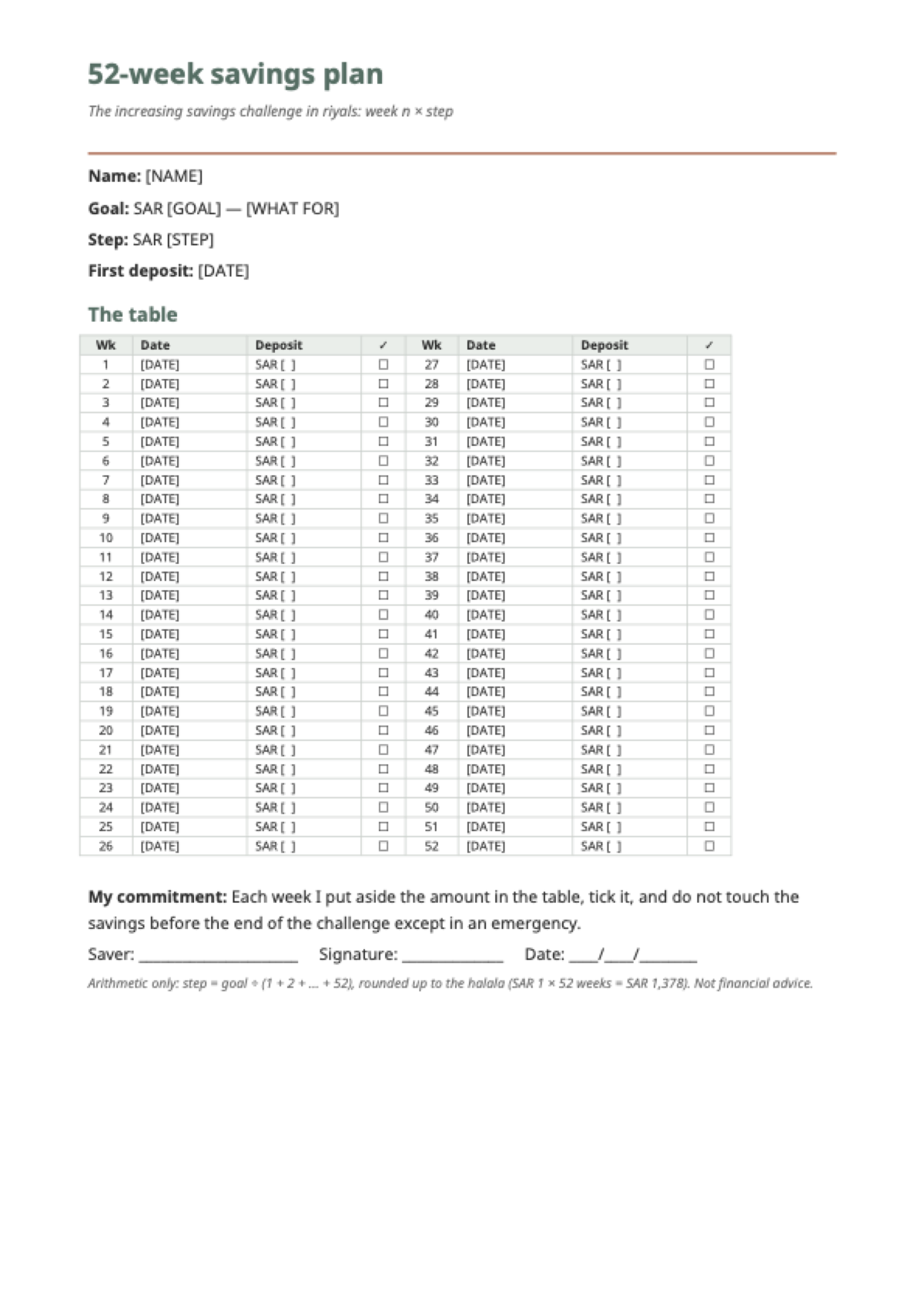 52-week savings challenge in riyals: first page