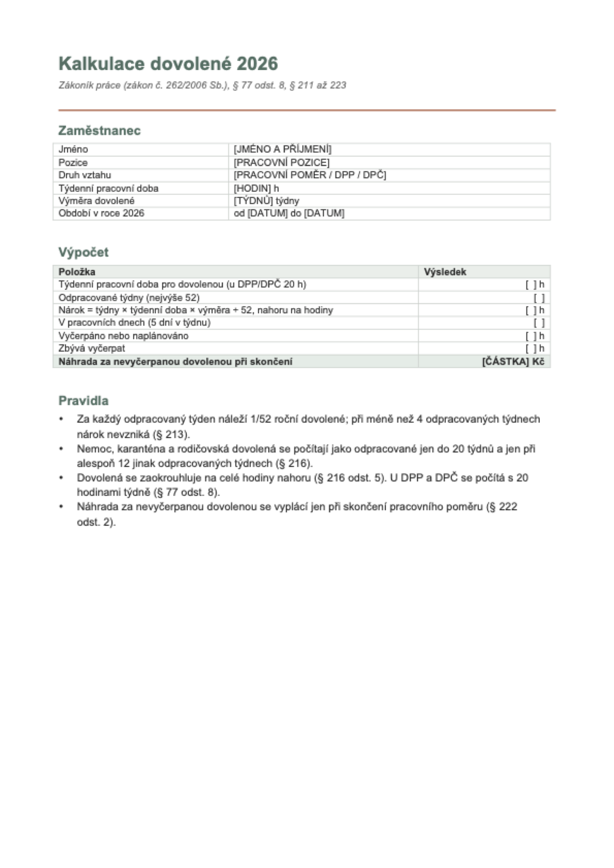 Kalkulačka dovolené 2026: first page