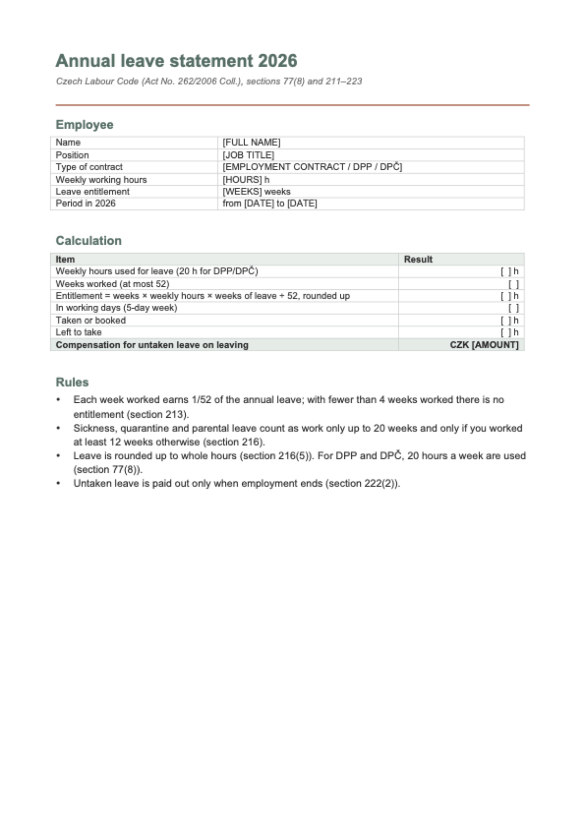 Annual leave calculator, Czech Republic 2026: first page